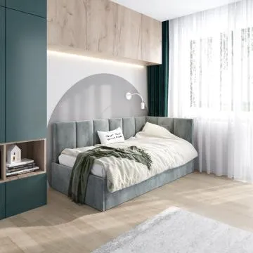 Łóżko młodzieżowe AURA 2 80x200 szare z tapicerowanym panelem L i szufladą