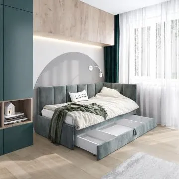 Łóżko młodzieżowe AURA 2 120x200 szare z tapicerowanym panelem L i szufladą