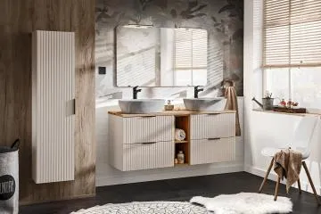 Szafka pod umywalkę nablatową ADEL CASHMERE 60cmx2 kaszmirowa - zestaw 140 cm z regałem i blatem