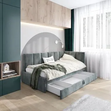 Łóżko młodzieżowe AURA 2 90x200 szare z tapicerowanym panelem L i szufladą