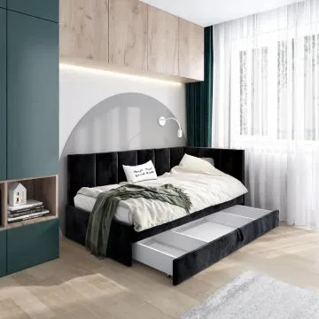 Łóżko młodzieżowe AURA 2 100x200 czarne z tapicerowanym panelem L i szufladą