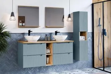 Szafka pod umywalkę nablatową NOVA DENIM 140cm niebieska/dąb - zestaw meblowy z blatem