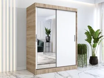 Szafa przesuwna MODUO COMFORT 150 dąb sonoma/biała mat z lustrem po lewej