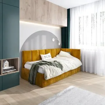 Łóżko młodzieżowe AURA 2 80x200 curry z tapicerowanym panelem L i szufladą