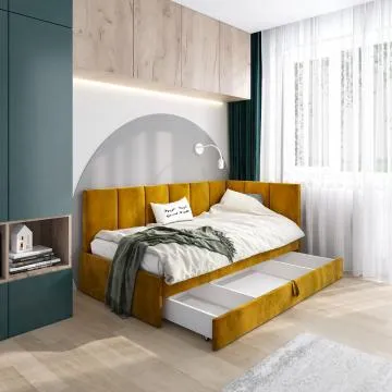 Łóżko młodzieżowe AURA 2 90x200 curry z tapicerowanym panelem L i szufladą