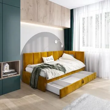 Łóżko młodzieżowe AURA 2 120x200 curry z tapicerowanym panelem L i szufladą