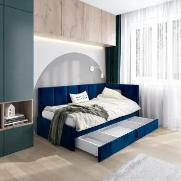 Łóżko młodzieżowe AURA 2 100x200 granatowe z tapicerowanym panelem L i szufladą