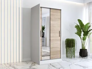 Szafa przesuwna MODUO COMFORT 90 biała mat/dąb sonoma z lustrem po lewej