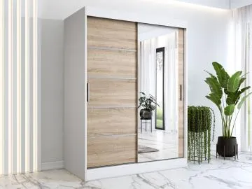 Szafa przesuwna MODUO COMFORT 2 150 biała mat/dąb sonoma z lustrem