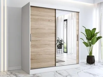 Szafa przesuwna MODUO COMFORT 180 biała mat/dąb sonoma z lustrem po prawej