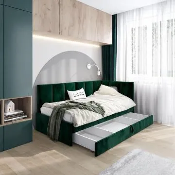 Łóżko młodzieżowe AURA 2 100x200 zielone z tapicerowanym panelem L i szufladą