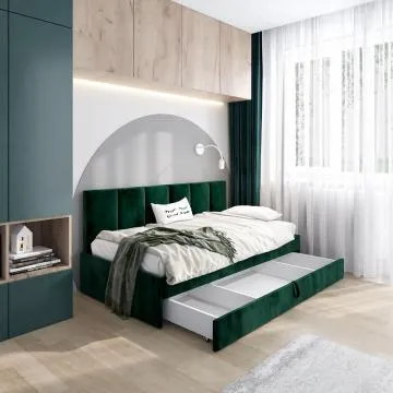 Łóżko młodzieżowe SORA 2 90x200 zielone z tapicerowanym panelem i szufladą