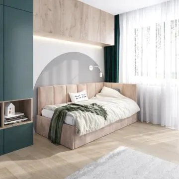 Łóżko młodzieżowe AURA 2 80x200 beżowe z tapicerowanym panelem L i szufladą