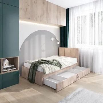Łóżko młodzieżowe VIVO 2 80x200 beżowe z tapicerowanym panelem i szufladą