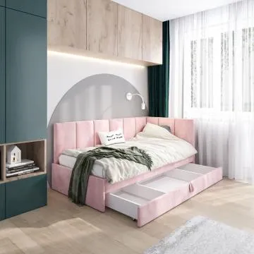 Łóżko młodzieżowe AURA 2 80x200 różowe z tapicerowanym panelem L i szufladą