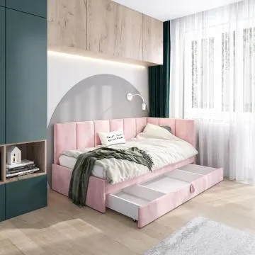 Łóżko młodzieżowe AURA 2 90x200 różowe z tapicerowanym panelem L i szufladą