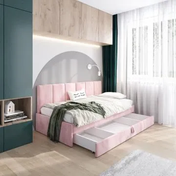 Łóżko młodzieżowe SORA 2 120x200 różowe z tapicerowanym panelem i szufladą