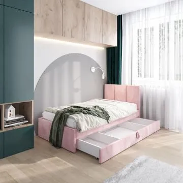 Łóżko młodzieżowe VIVO 2 120x200 granatowe z tapicerowanym panelem i szufladą