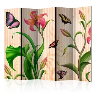 Parawan dwustronny Kwiaty 225x172 cm 5-częściowy beżowy