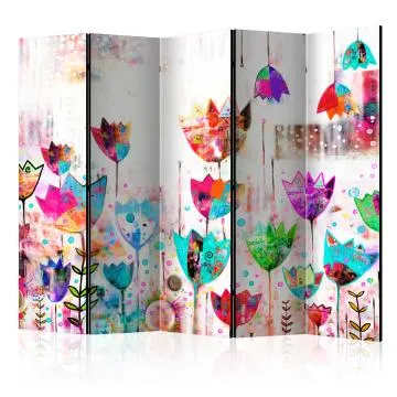 Parawan dwustronny Kwiaty 225x172 cm 5-częściowy turkusowy