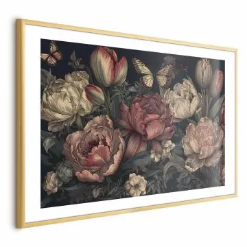 Plakat Kwiaty na turkusowym tle 90x60 cm z ramą złotą z marginesem