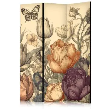 Parawan dwustronny Kwiaty 135x172 cm 3-częściowy beżowy