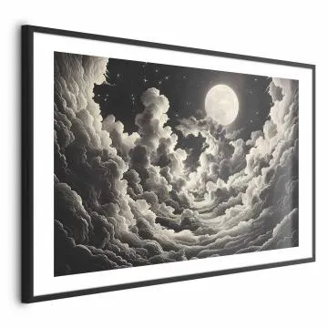 Plakat Księżyc wśród chmur 30x21 cm z ramą czarną z marginesem