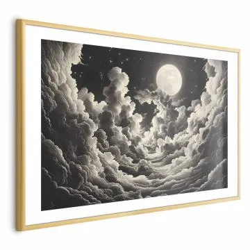 Plakat Księżyc wśród chmur 60x40 cm z ramą złotą z marginesem