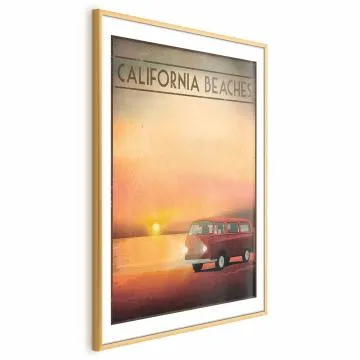 Plakat California Beaches 21x30 cm z ramą złotą z marginesem