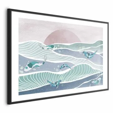 Plakat Ryby na falach 60x40 cm z ramą czarną z marginesem