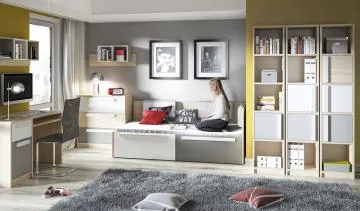 Łóżko DOT 90x200 buk/białe/szare z szufladami