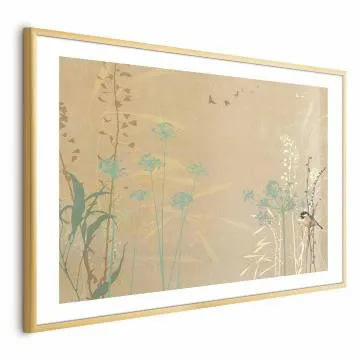 Plakat Ptaszek na łące 60x40 cm z ramą złotą z marginesem