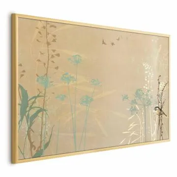 Plakat Ptaszek na łące 60x40 cm z ramą złotą bez marginesu
