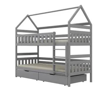 Łóżko piętrowe domek FELIKS 180x80 szare drewniane z szufladami