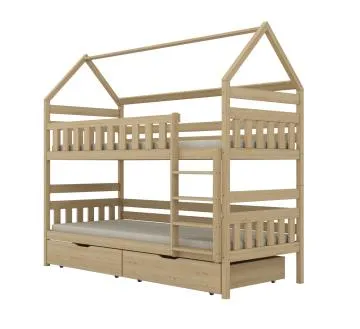 Łóżko piętrowe domek FELIKS 180x80 sosna lakierowana drewniane z szufladami