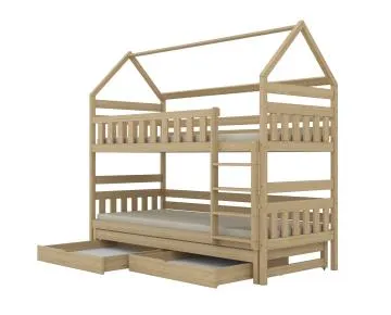 Łóżko piętrowe domek FELIKS 160x80 sosna lakierowana drewniane trzyosobowe z szufladami