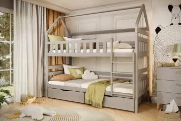 Łóżko piętrowe domek FELIKS 200x90 szare drewniane