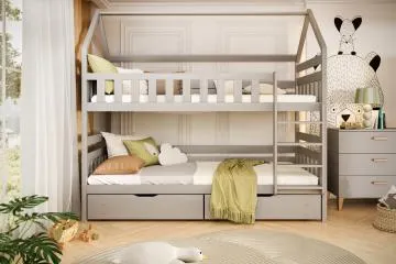 Łóżko piętrowe domek FELIKS 200x80 szare drewniane trzyosobowe