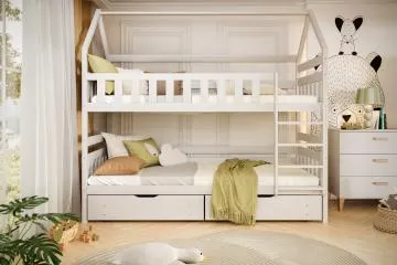 Łóżko piętrowe domek FELIKS 160x80 białe drewniane trzyosobowe
