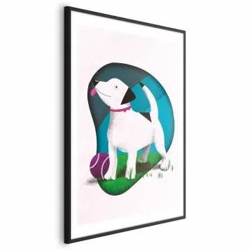 Plakat Pies i piłka 40x60 cm z ramą czarną z marginesem