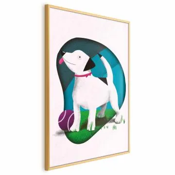 Plakat Pies i piłka 40x60 cm z ramą złotą bez marginesu