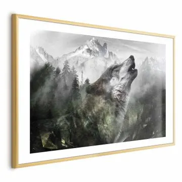 Plakat Wyjący wilk 42x29,7 cm z ramą złotą z marginesem