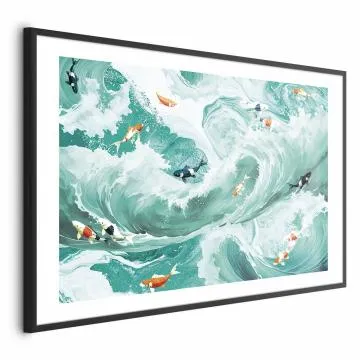 Plakat Ryby i fale 30x21 cm z ramą czarną z marginesem
