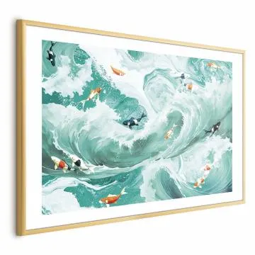 Plakat Ryby i fale 60x40 cm z ramą złotą z marginesem