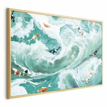 Plakat Ryby i fale 60x40 cm z ramą złotą bez marginesu