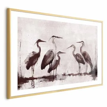 Plakat Malowane czaple 60x40 cm z ramą złotą z marginesem
