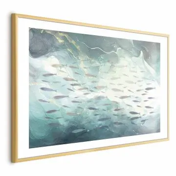 Plakat Ławica ryb 30x21 cm z ramą złotą z marginesem