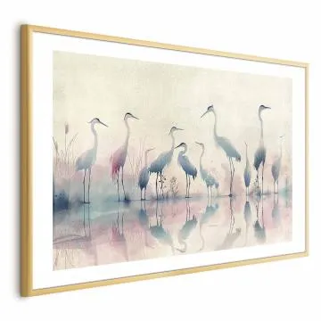 Plakat Ptaki nad jeziorem 42x29,7 cm z ramą złotą z marginesem