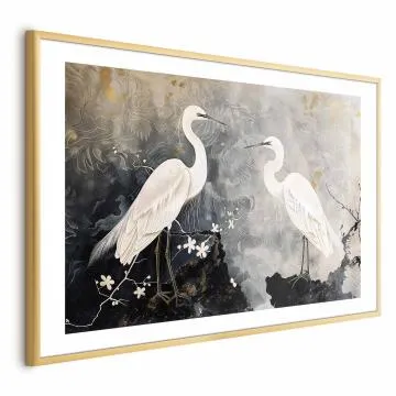 Plakat Czaple i kwiat wiśni 90x60 cm z ramą złotą z marginesem