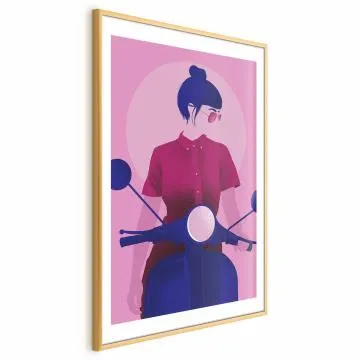 Plakat Kobieta na skuterze 21x30 cm z ramą złotą z marginesem